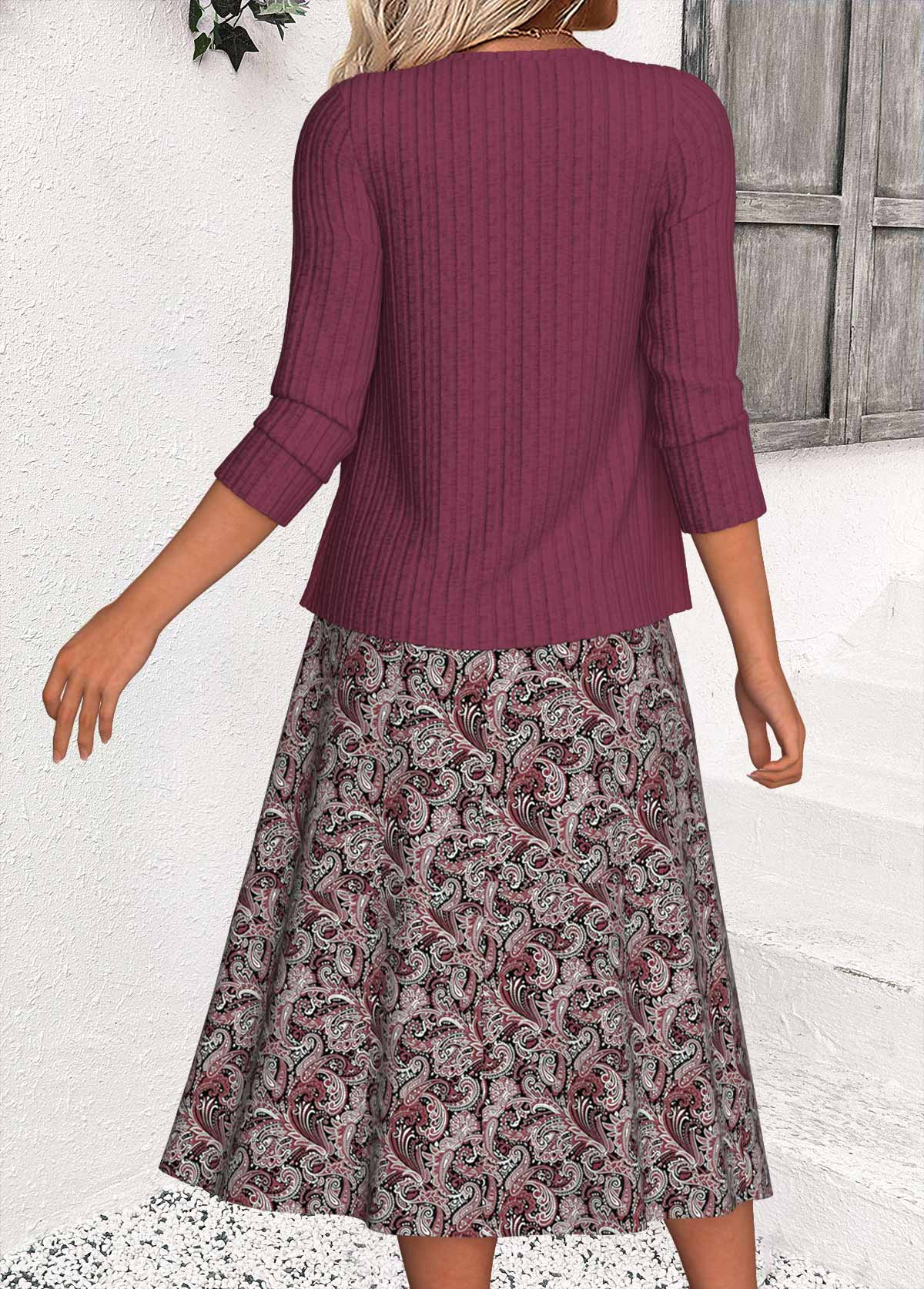 Paisley Print Tummy Coverage Dusty Purple Dress and Cardigan