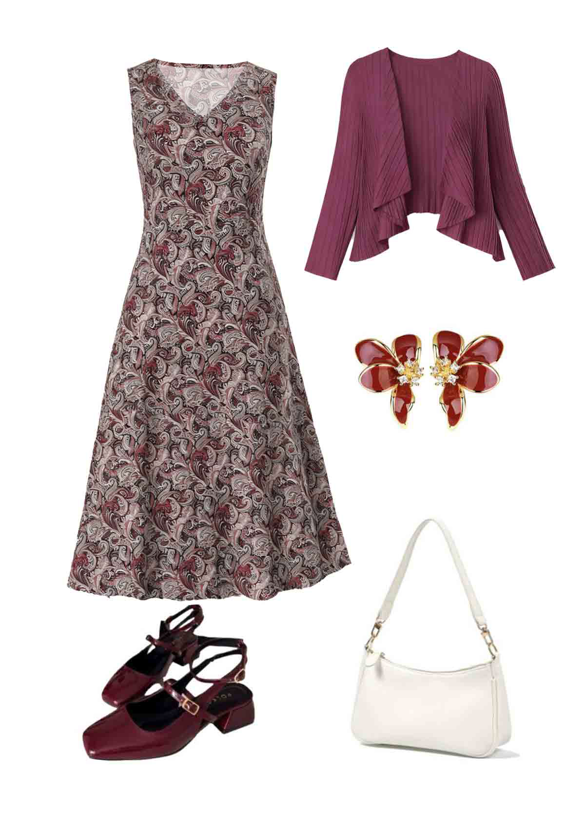 Paisley Print Tummy Coverage Dusty Purple Dress and Cardigan