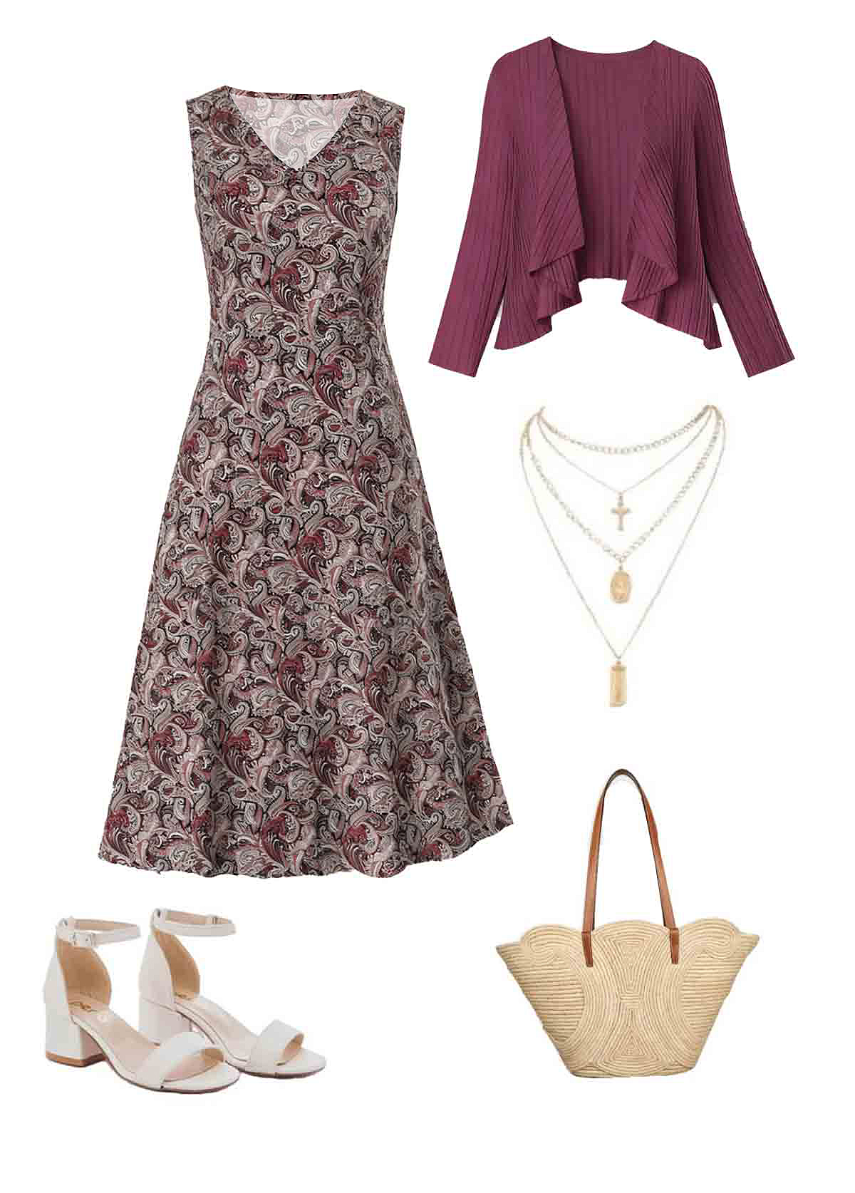 Paisley Print Tummy Coverage Dusty Purple Dress and Cardigan