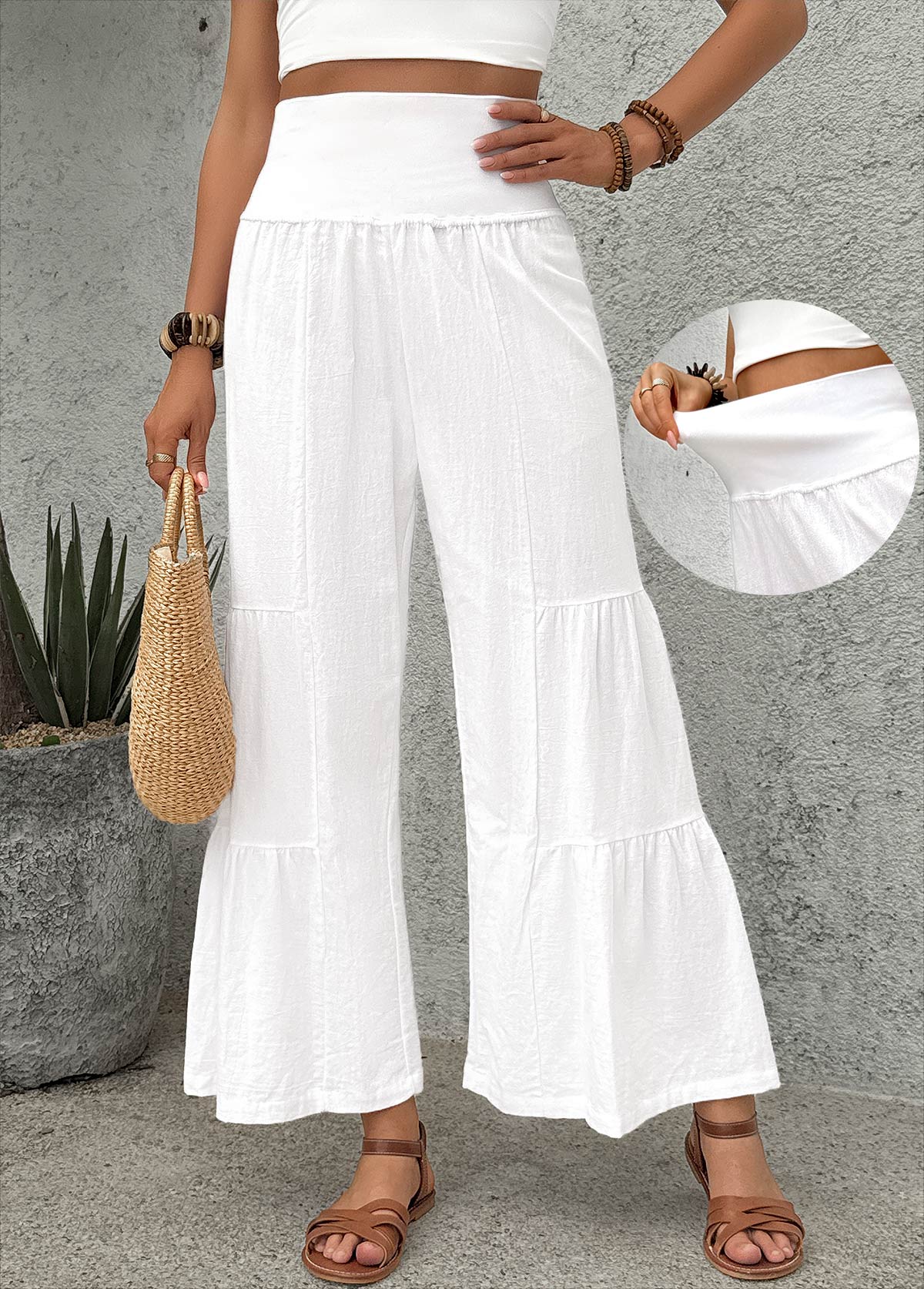 White Wide Leg Elastic Waist High Waisted Pants