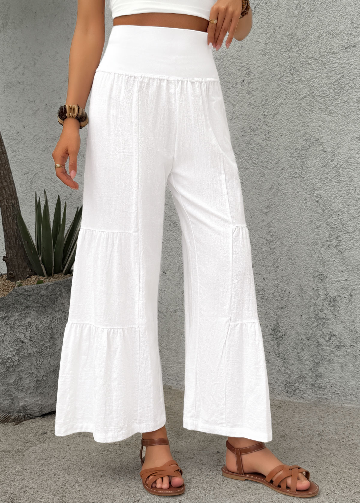 White Wide Leg Elastic Waist High Waisted Pants