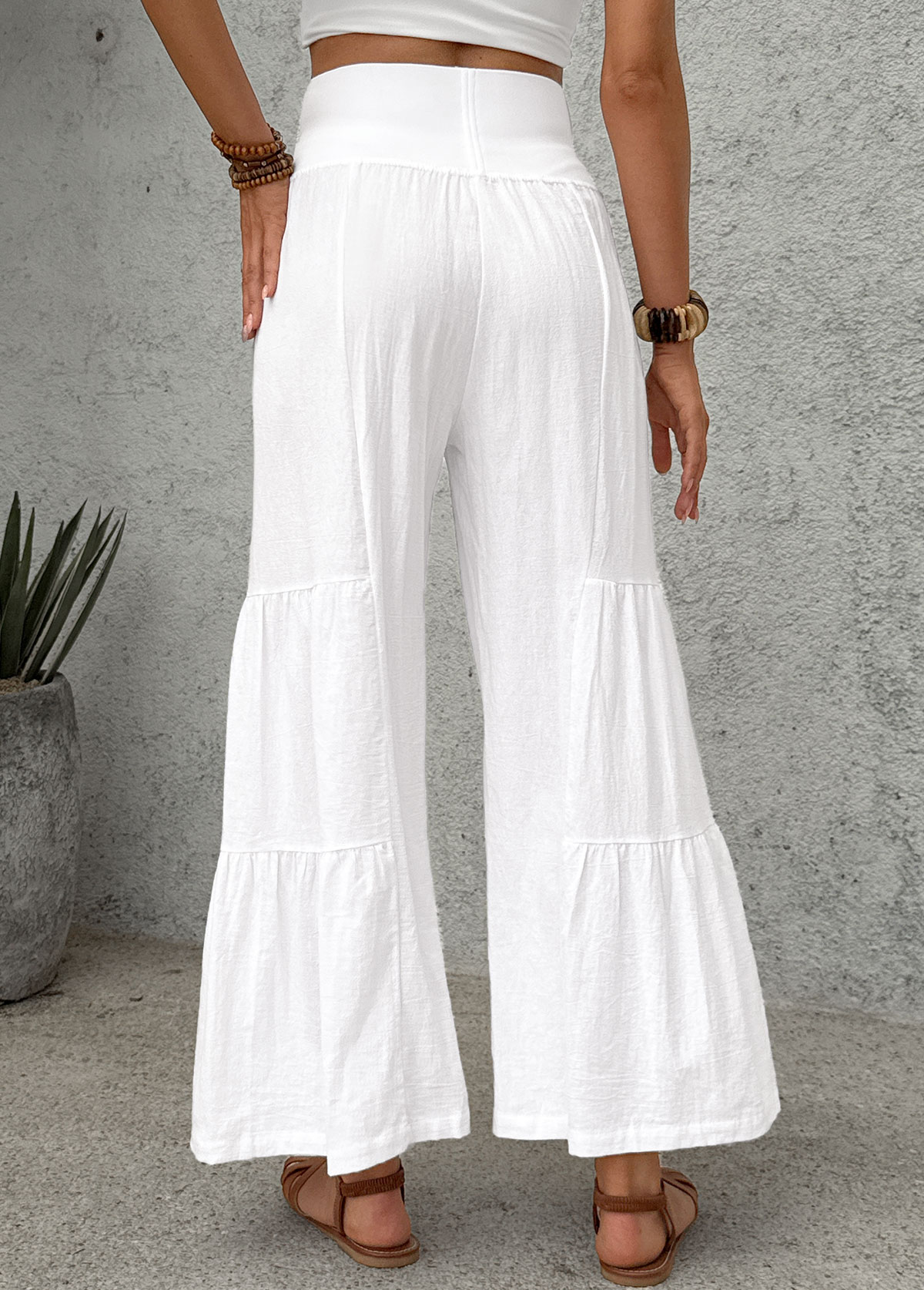 White Wide Leg Elastic Waist High Waisted Pants