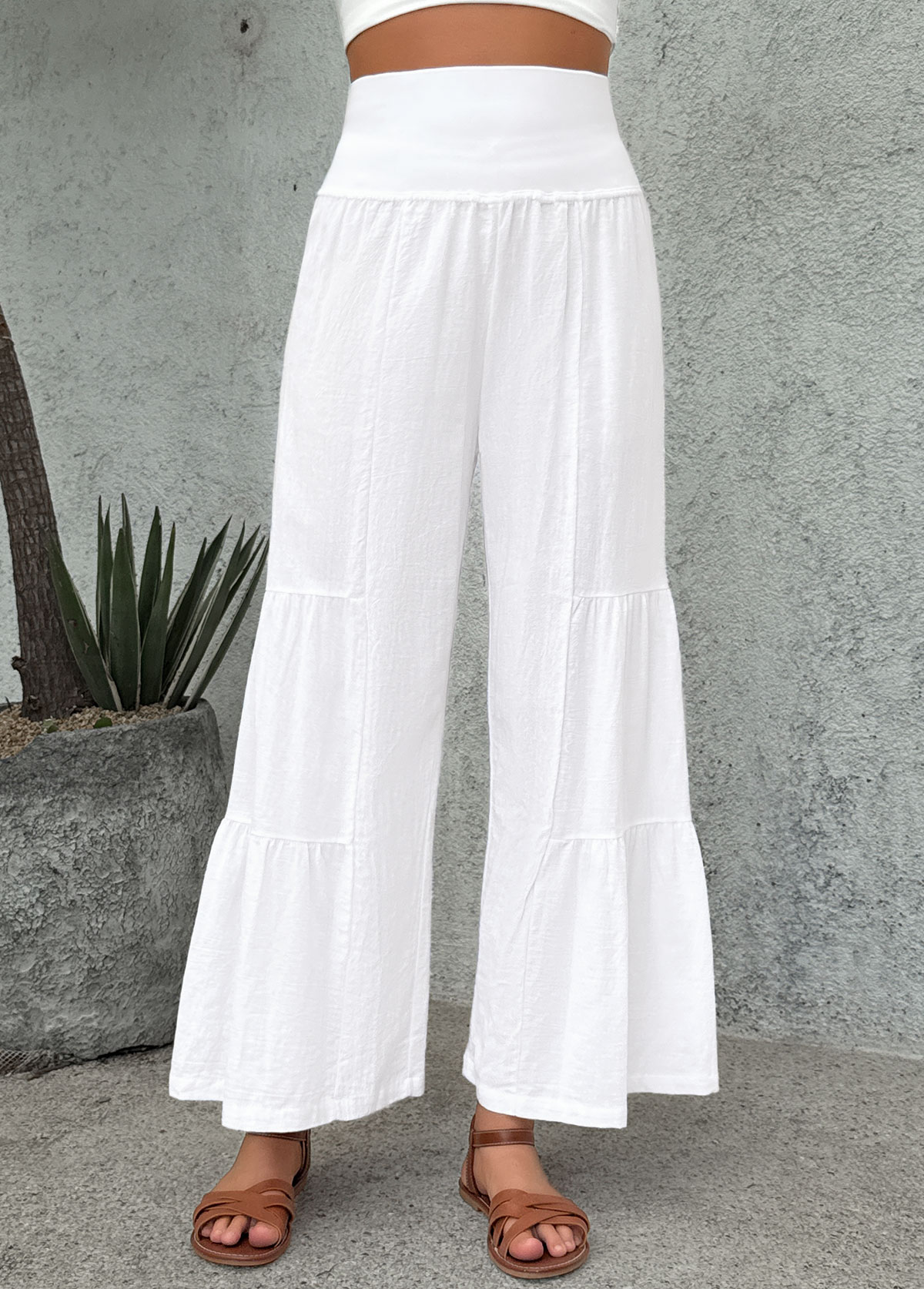 White Wide Leg Elastic Waist High Waisted Pants