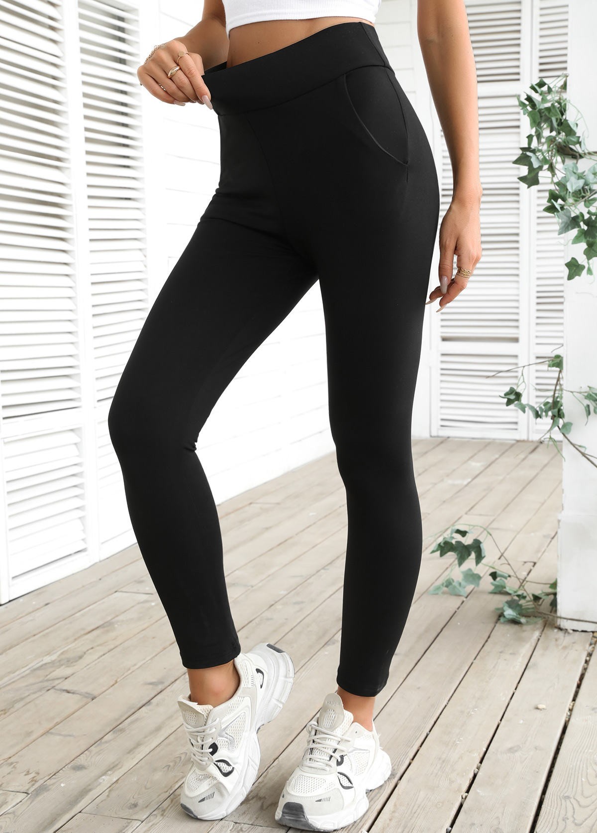 Black Elastic Waist High Waisted Ankle Length Leggings