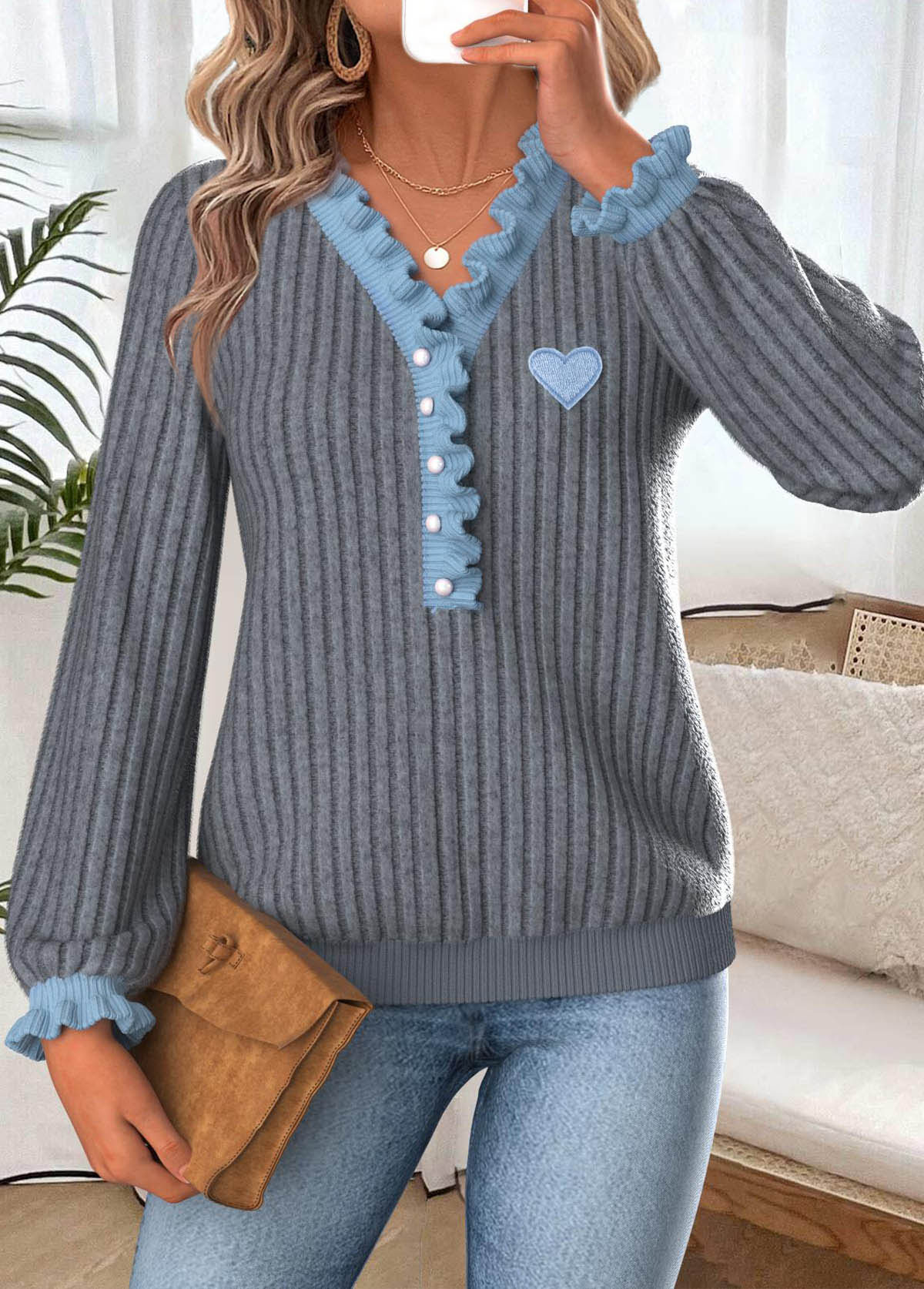 Frill Dark Grey Marl Long Sleeve T Shirt