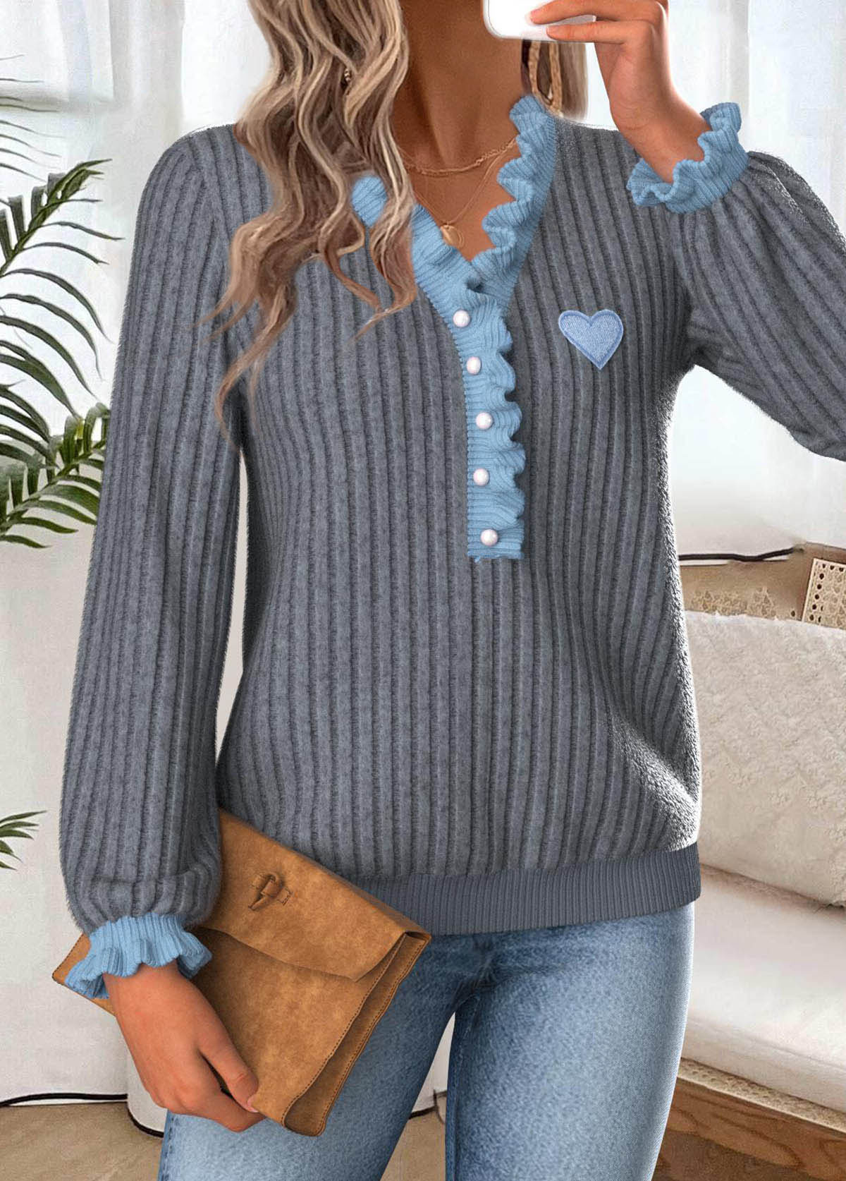 Frill Dark Grey Marl Long Sleeve T Shirt