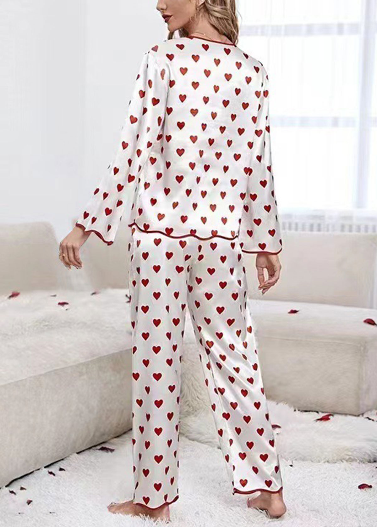 Heart Print Red Long Sleeve Lounge Top and Pants