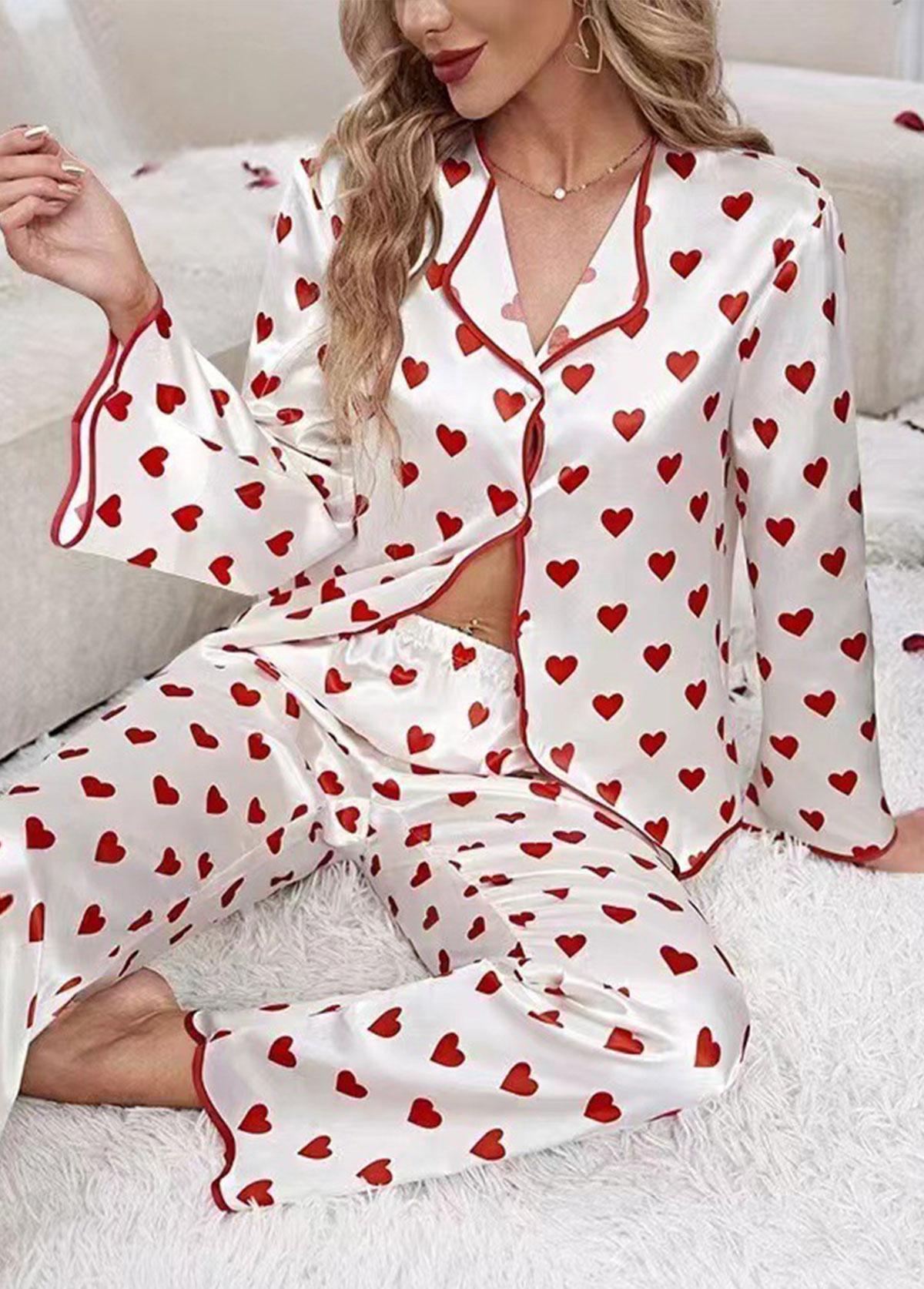 Heart Print Red Long Sleeve Lounge Top and Pants