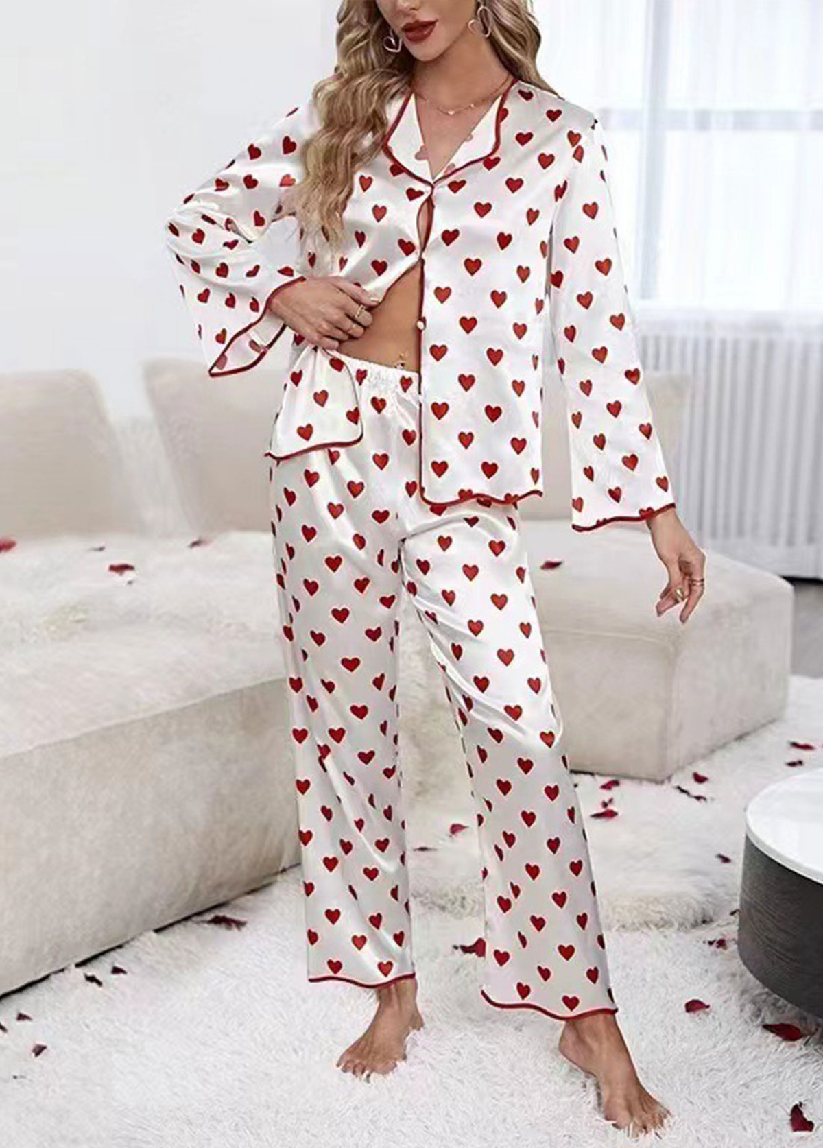 Heart Print Red Long Sleeve Lounge Top and Pants