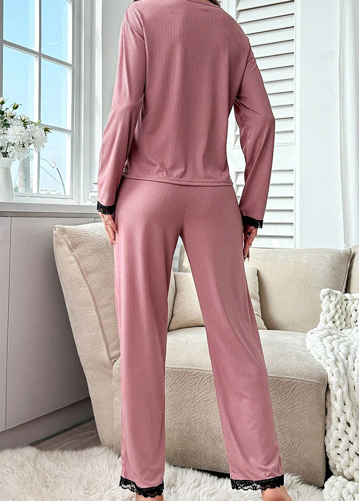 Pink Round Neck Long Sleeve Lounge Top and Pants