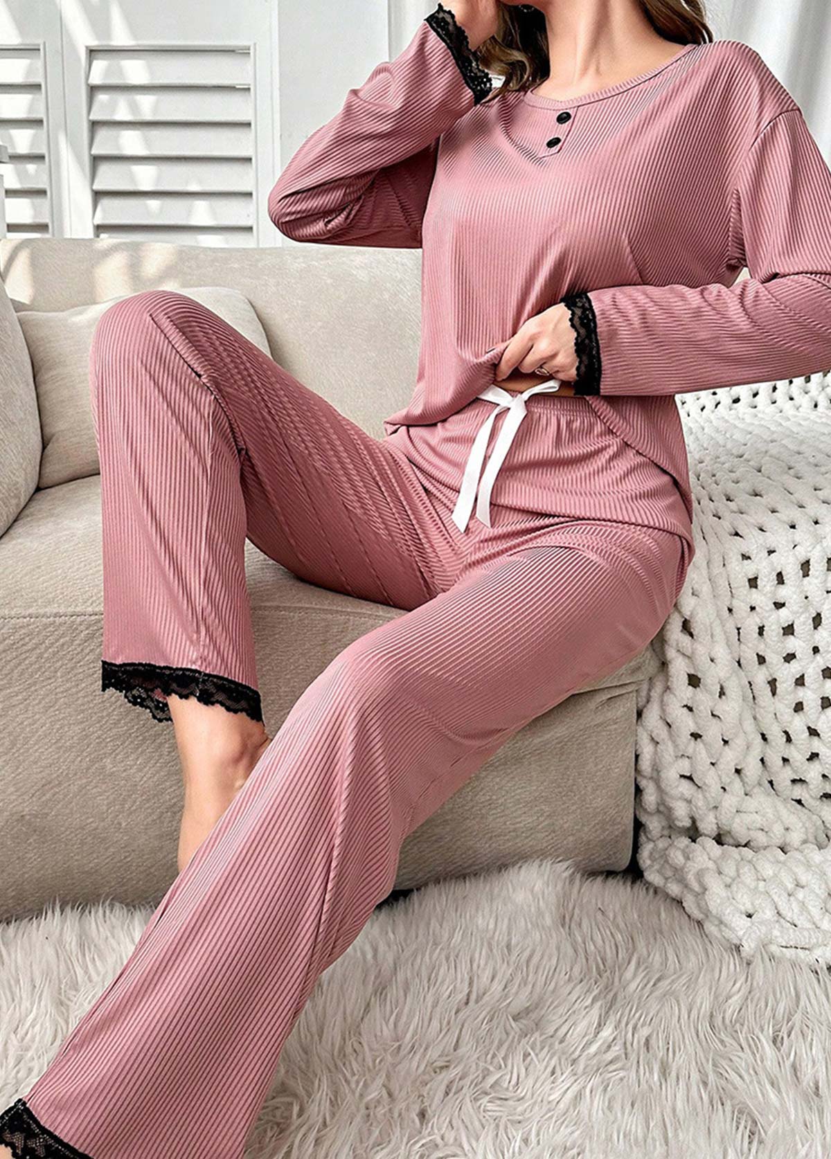 Pink Round Neck Long Sleeve Lounge Top and Pants