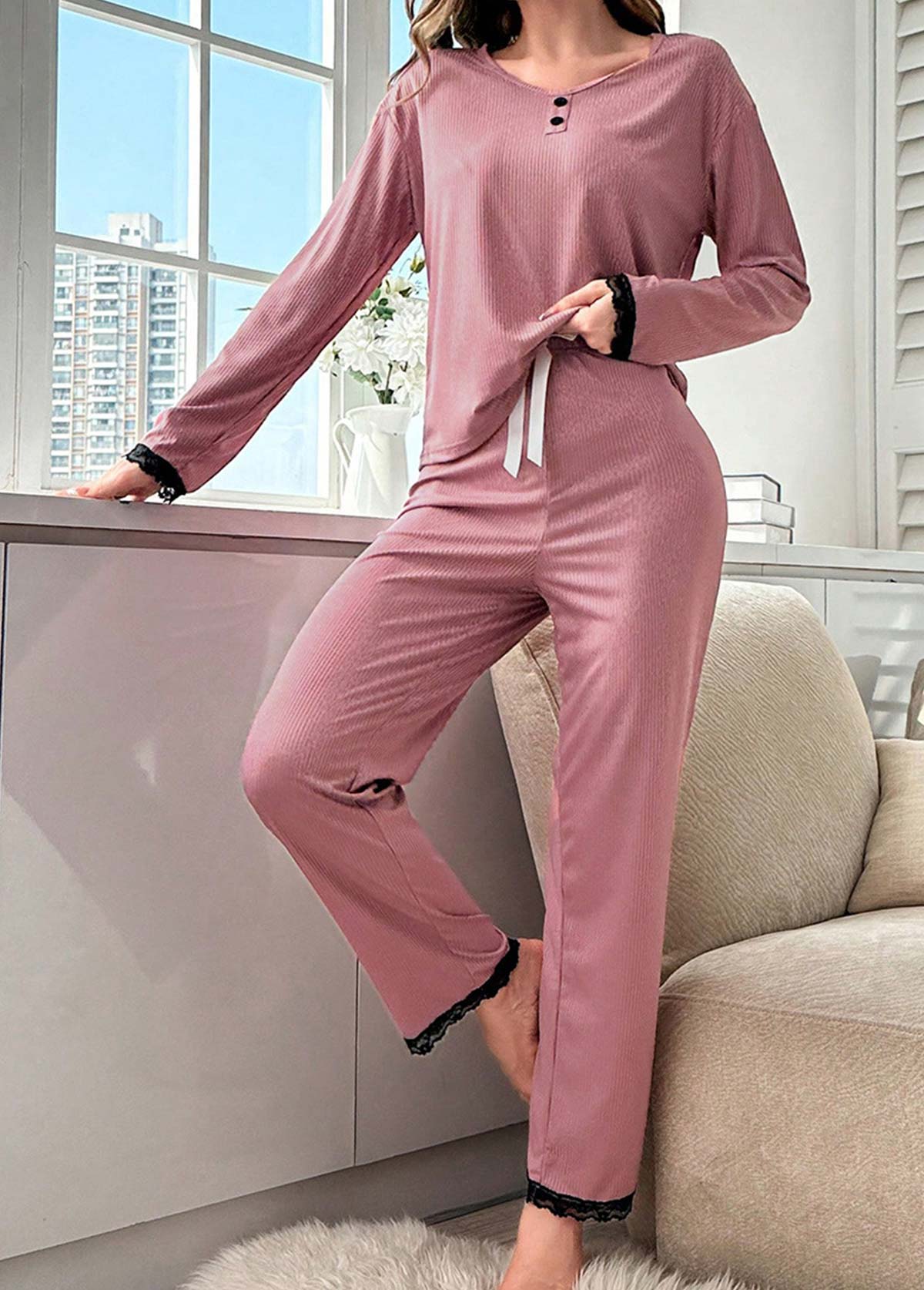 Pink Round Neck Long Sleeve Lounge Top and Pants