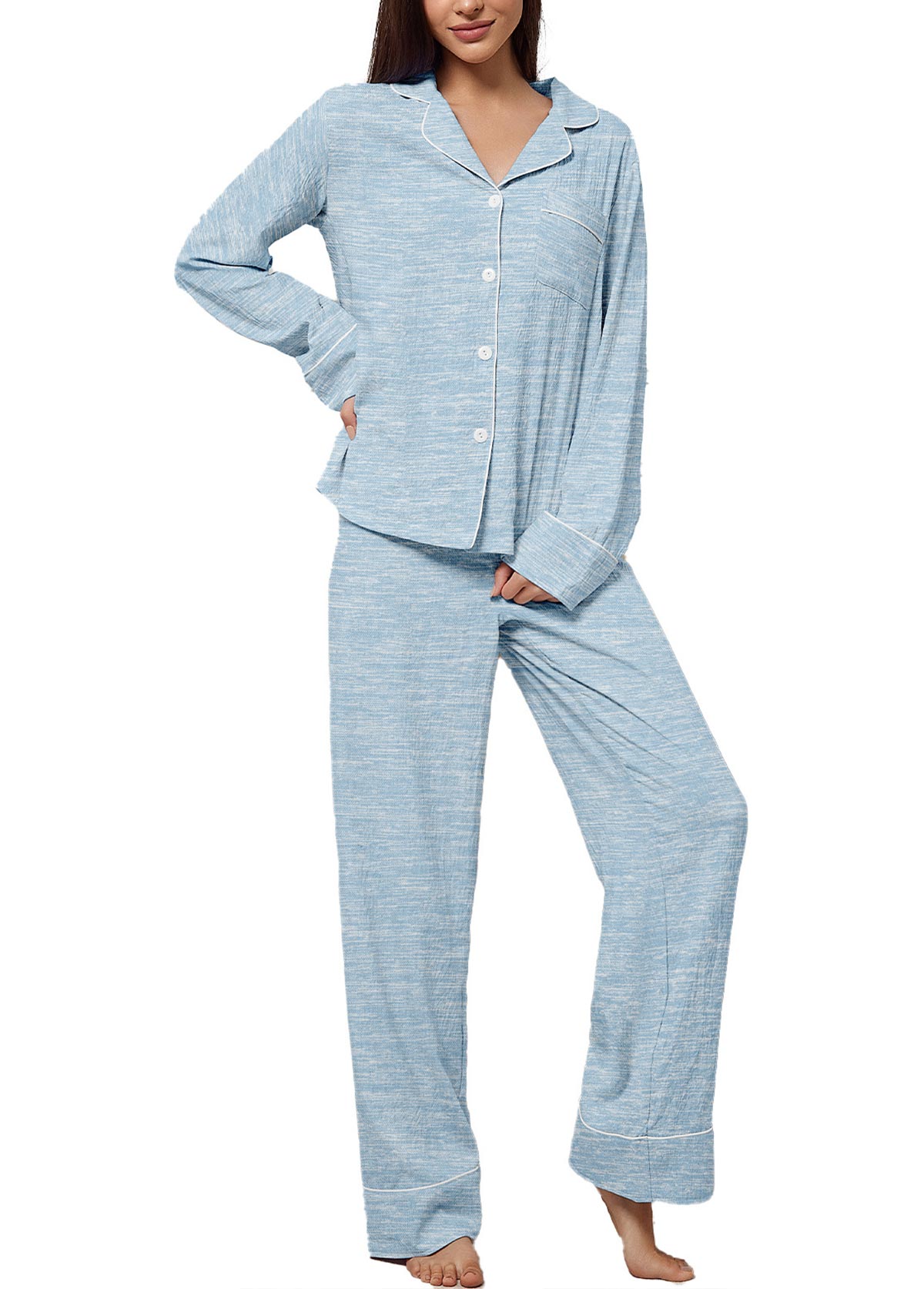 Light Blue Turn Down Collar Lounge Top and Pants
