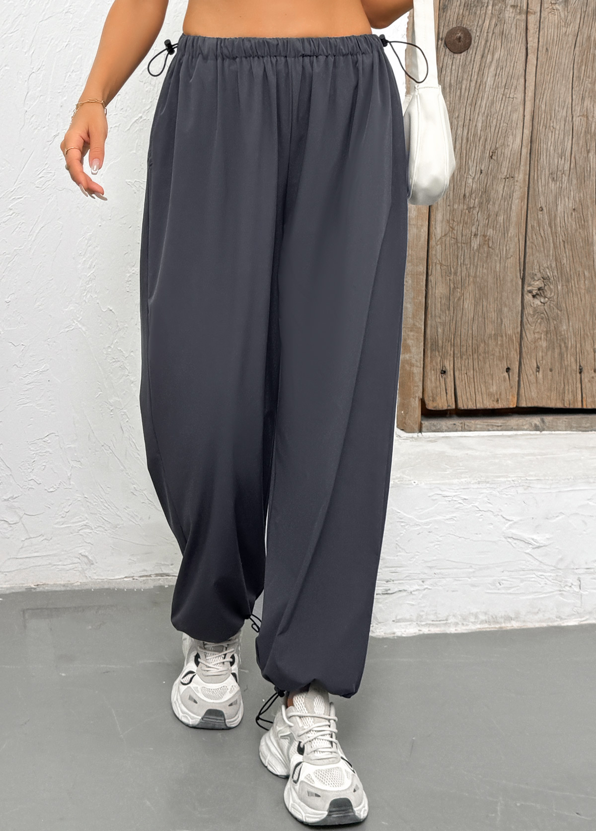 Pocket Dark Grey Jogger Elastic Waist High Waisted Pants