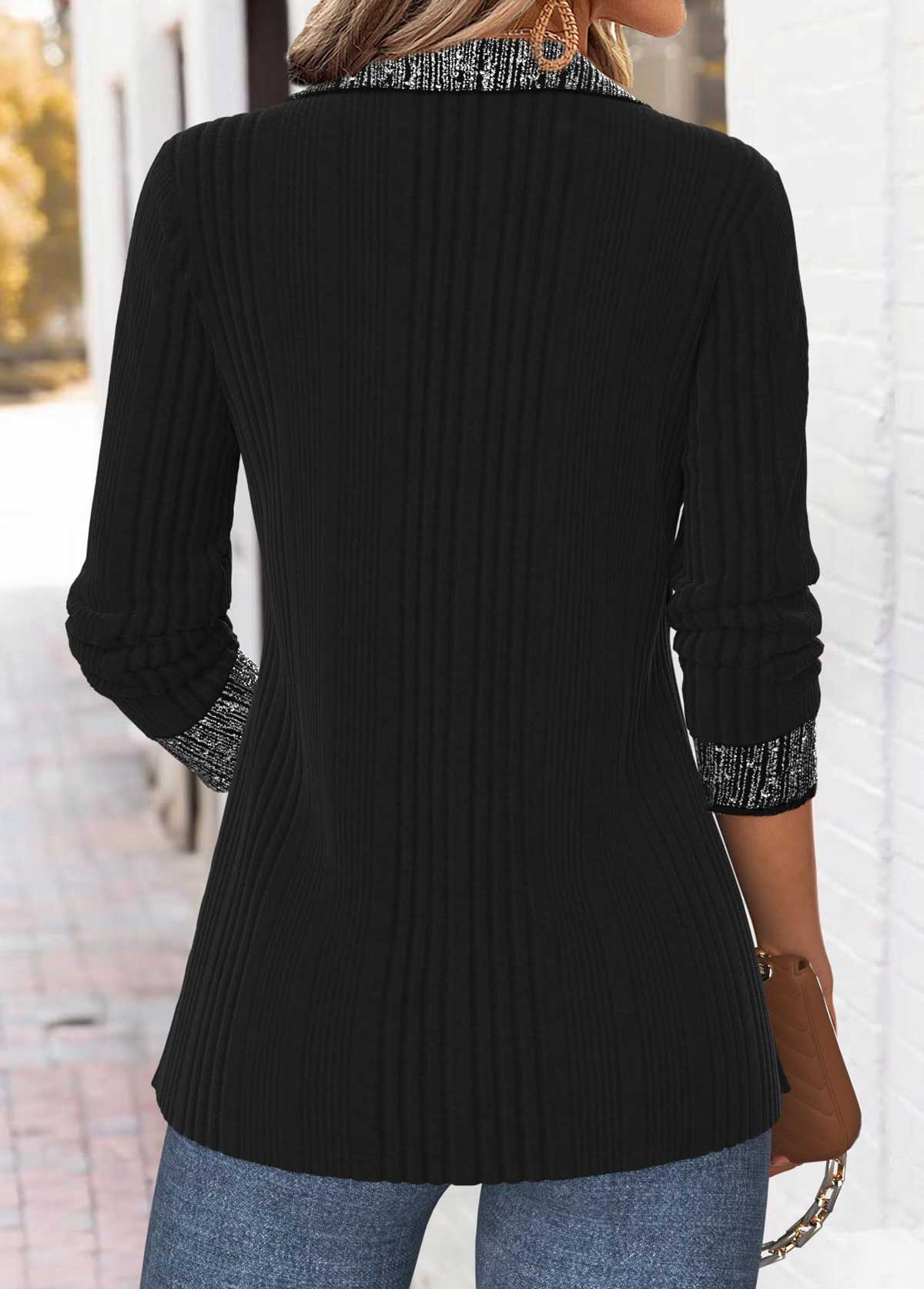 Tummy Control Black Long Sleeve Turn Down Collar Blouse