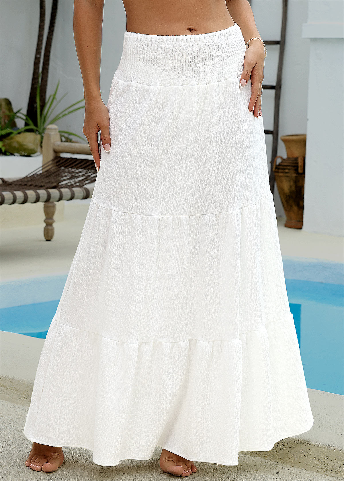 Smocking White Maxi Cover Up Skirt