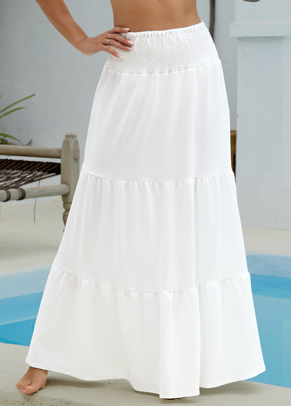 Smocking White Maxi Cover Up Skirt