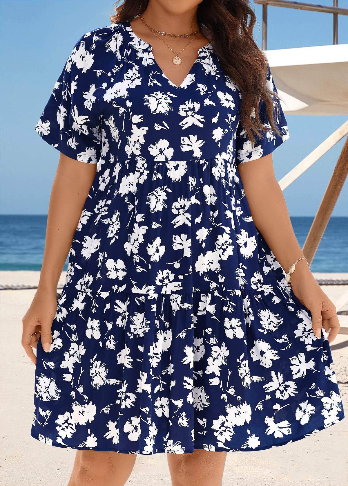 Floral Print Tummy Coverage Navy Cover Up