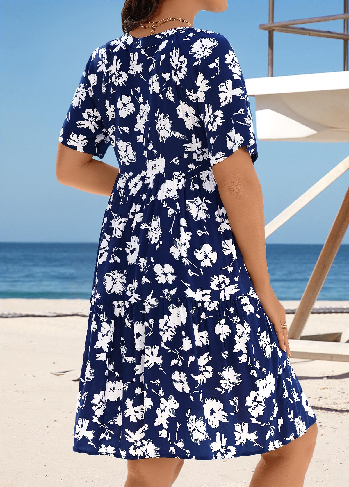 Floral Print Tummy Coverage Navy Cover Up