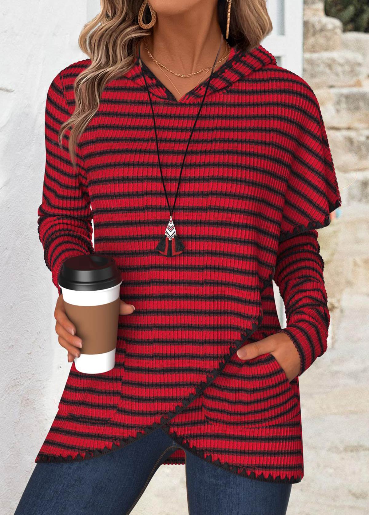 Striped Tummy Coverage Wine Red Long Sleeve Hoodie