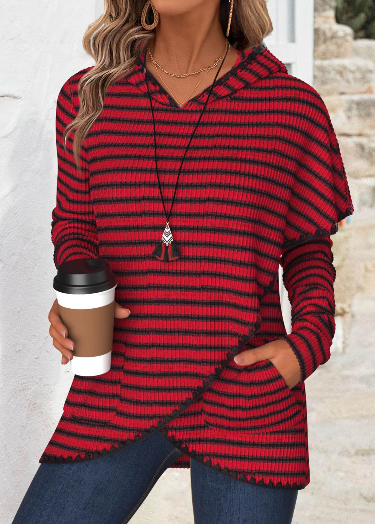 Striped Tummy Coverage Wine Red Long Sleeve Hoodie