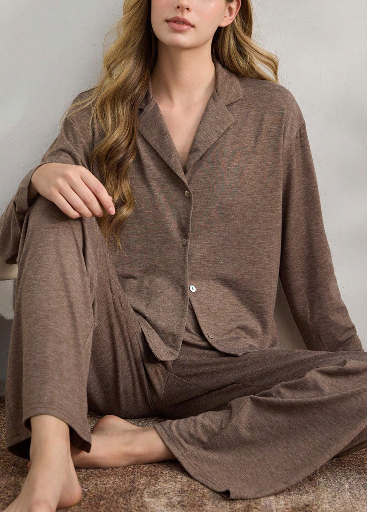 Gray Brown Turn Down Collar Lounge Top and Pants