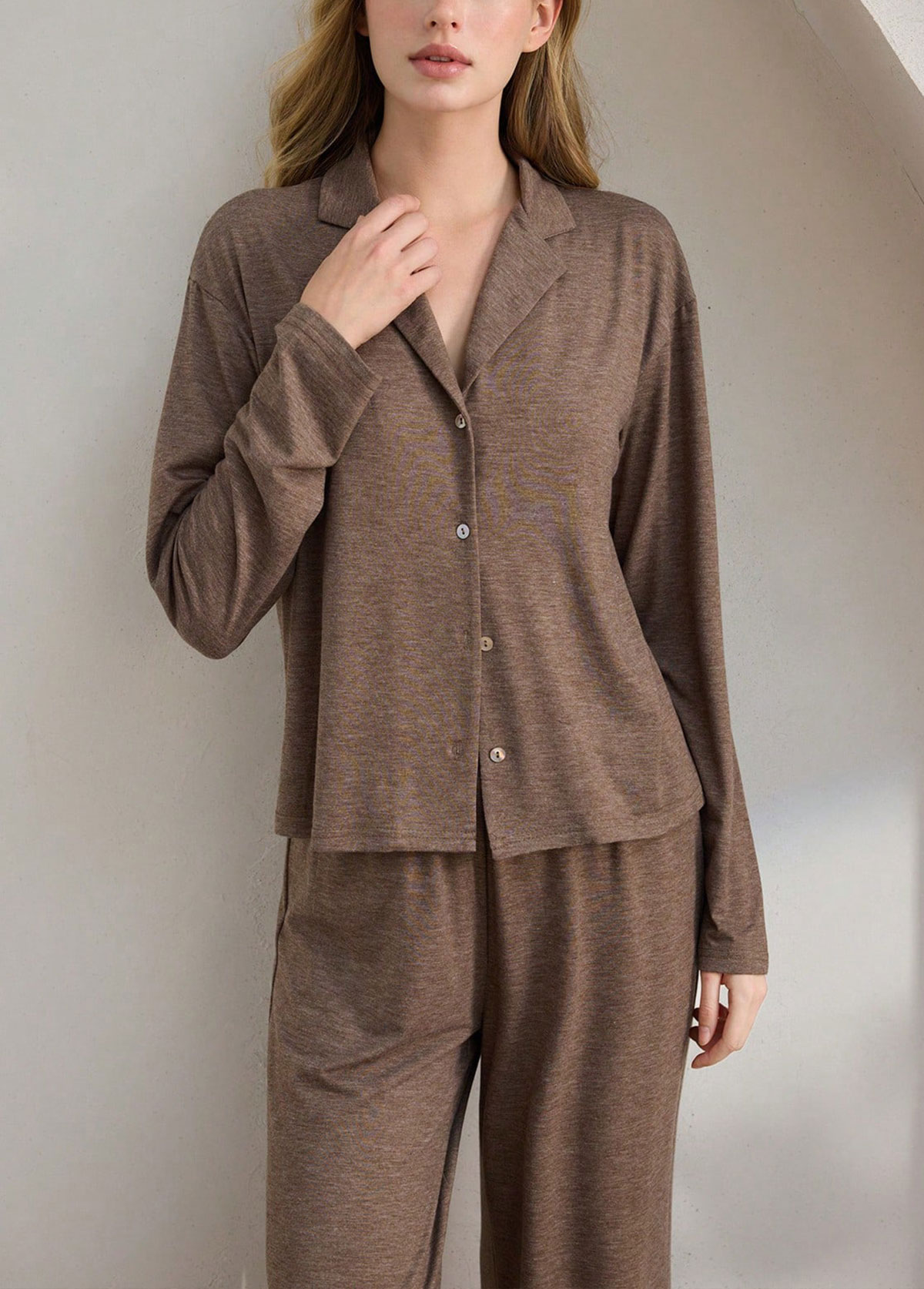 Gray Brown Turn Down Collar Lounge Top and Pants