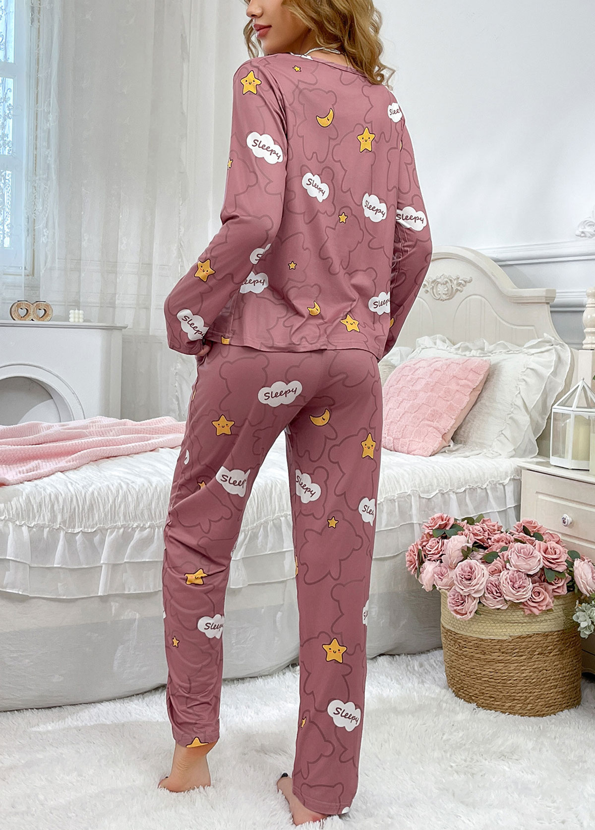 Letter Print Dark Reddish Purple Lounge Top and Pants