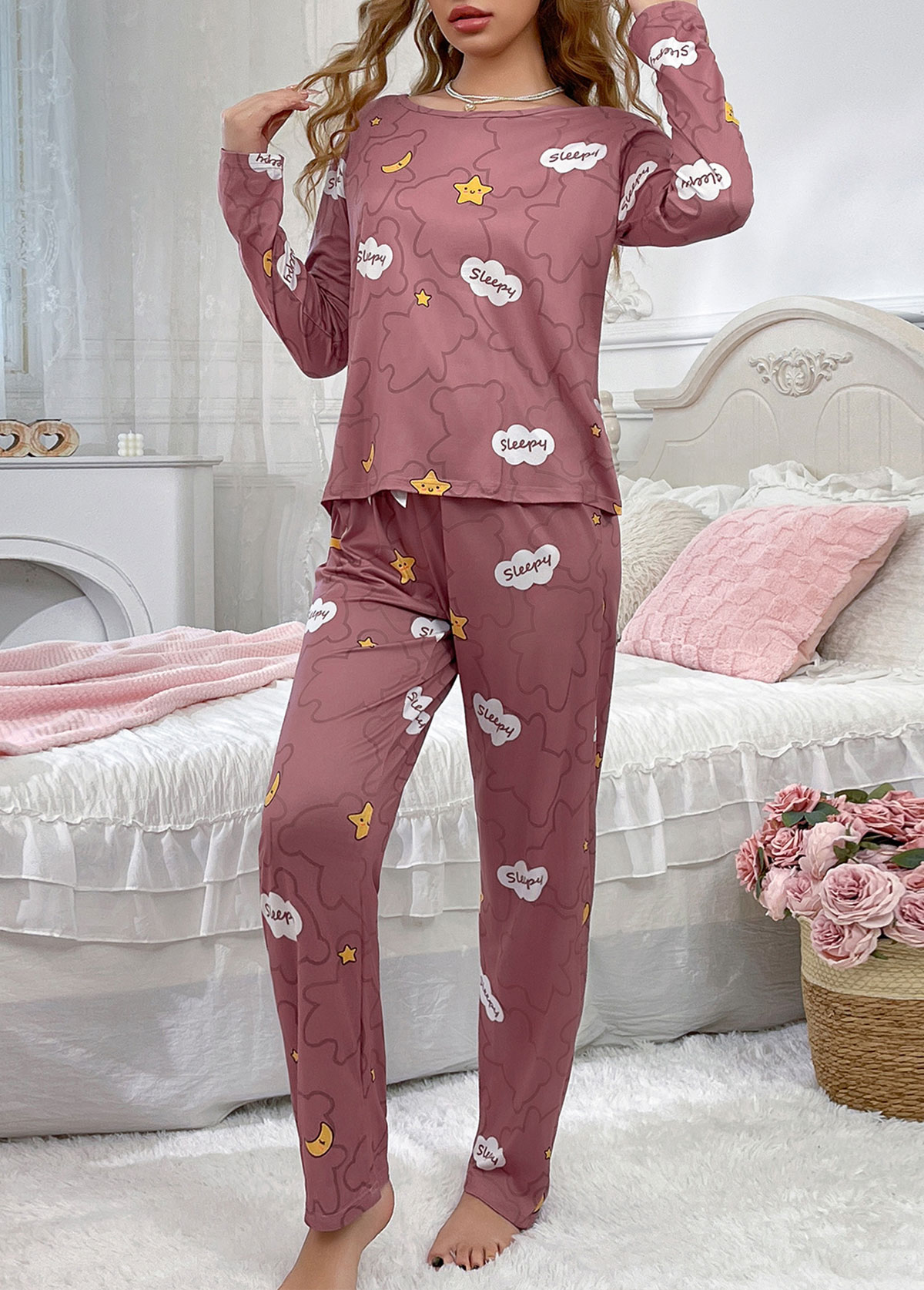 Letter Print Dark Reddish Purple Lounge Top and Pants