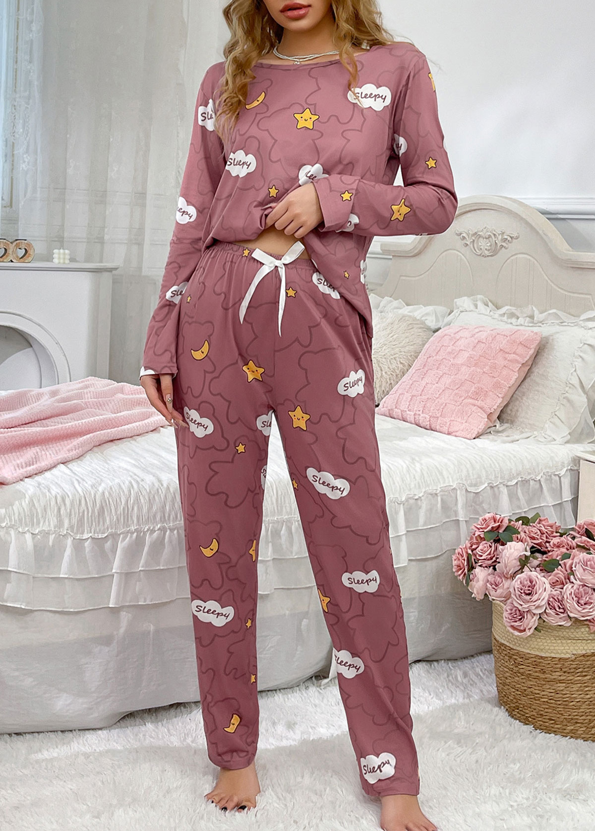 Letter Print Dark Reddish Purple Lounge Top and Pants