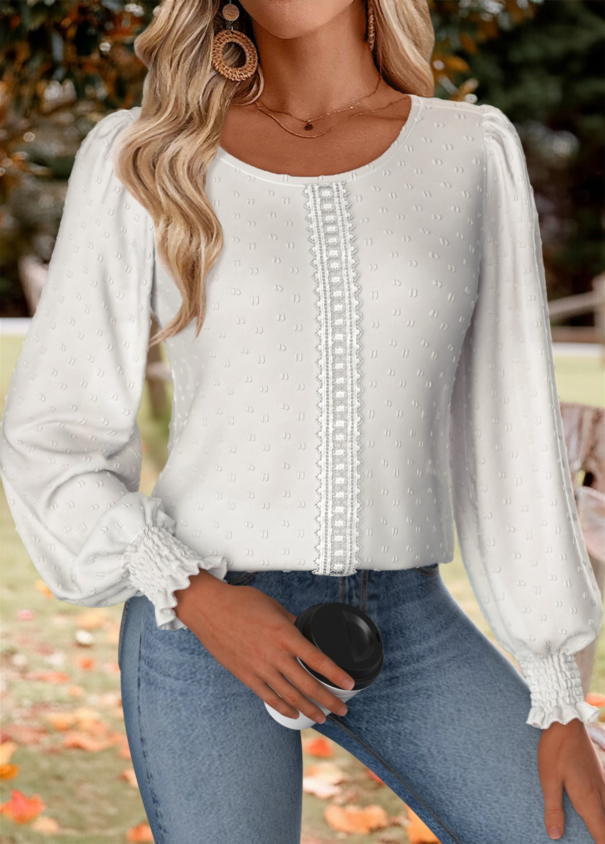 Tummy Coverage White Long Sleeve Round Neck Blouse