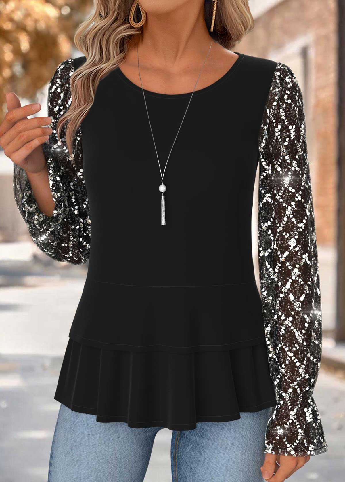 Tummy Coverage Black Long Sleeve Round Neck Blouse