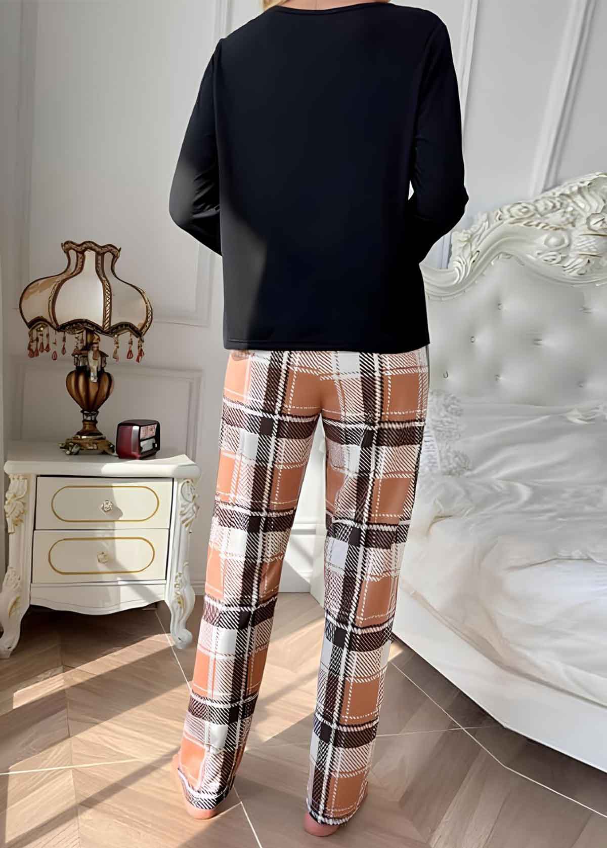 Plaid Light Coffee Round Neck Lounge Top and Pants