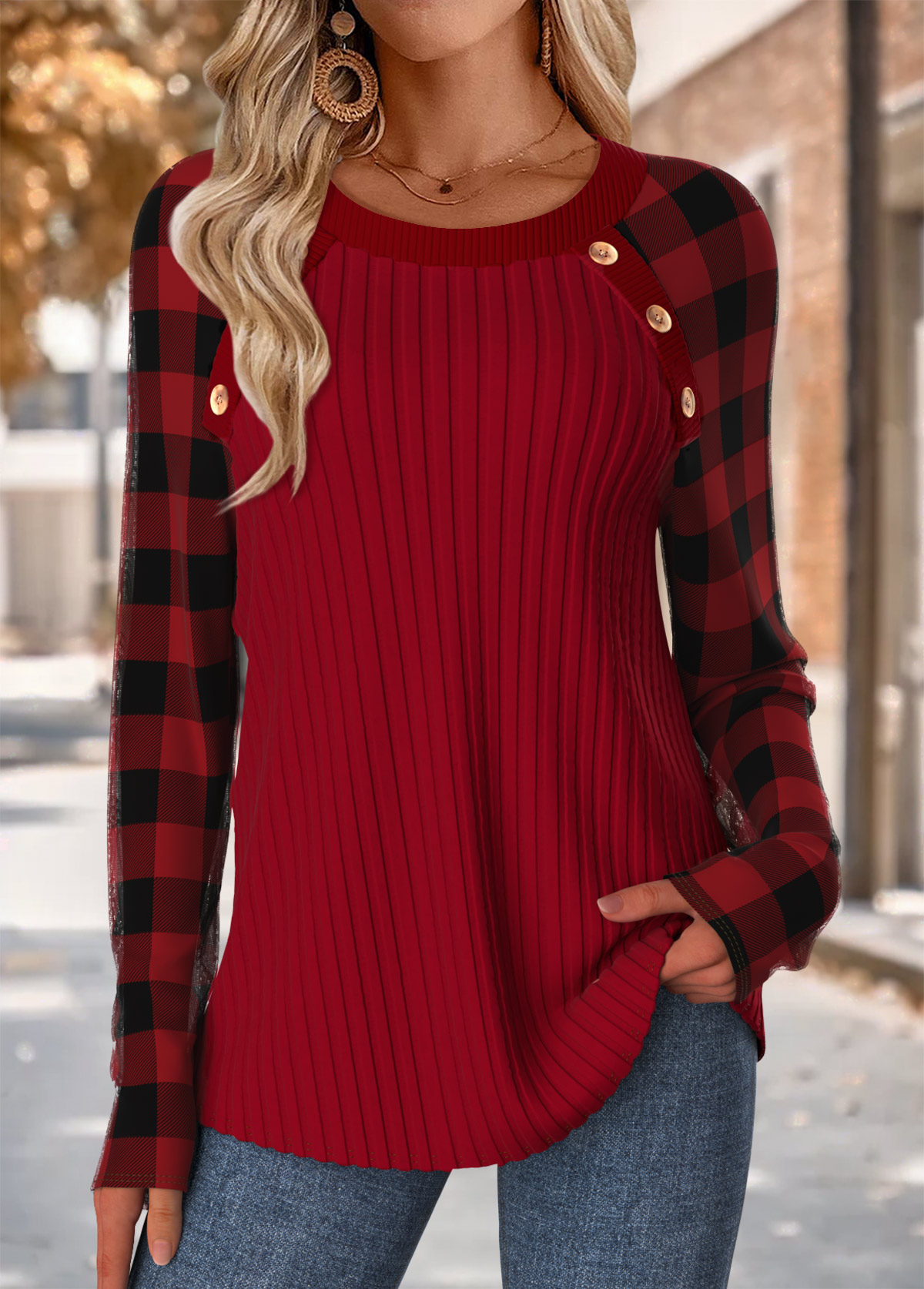 Plaid Tummy Coverage Wine Red Long Sleeve T Shirt