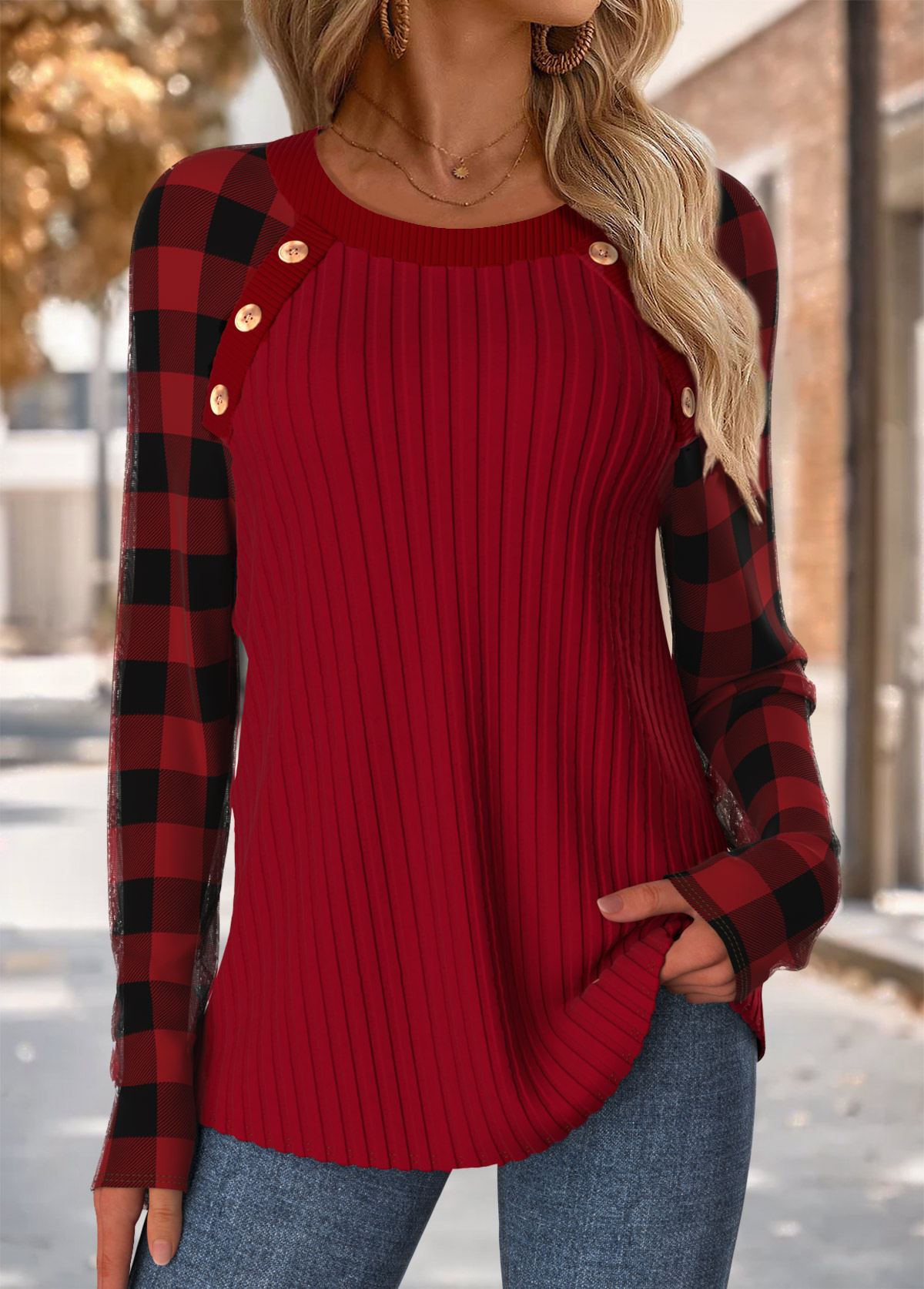Plaid Tummy Coverage Wine Red Long Sleeve T Shirt