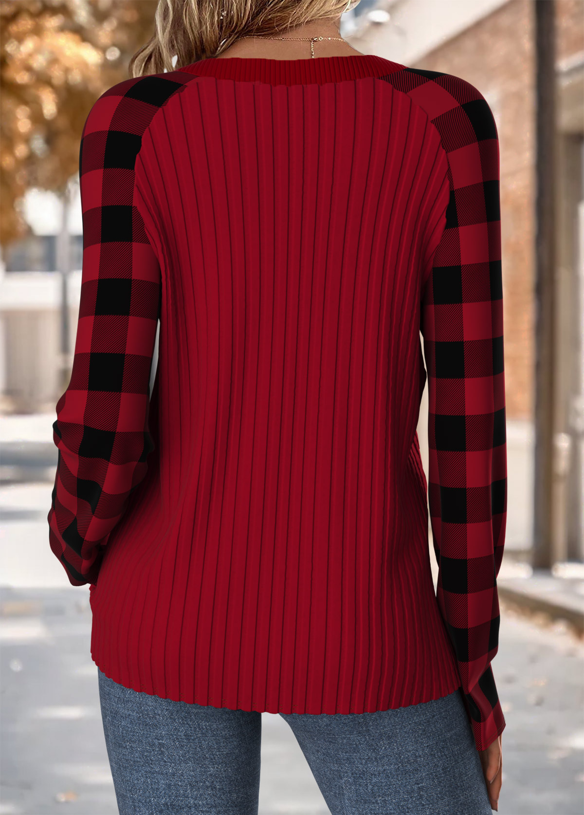 Plaid Tummy Coverage Wine Red Long Sleeve T Shirt