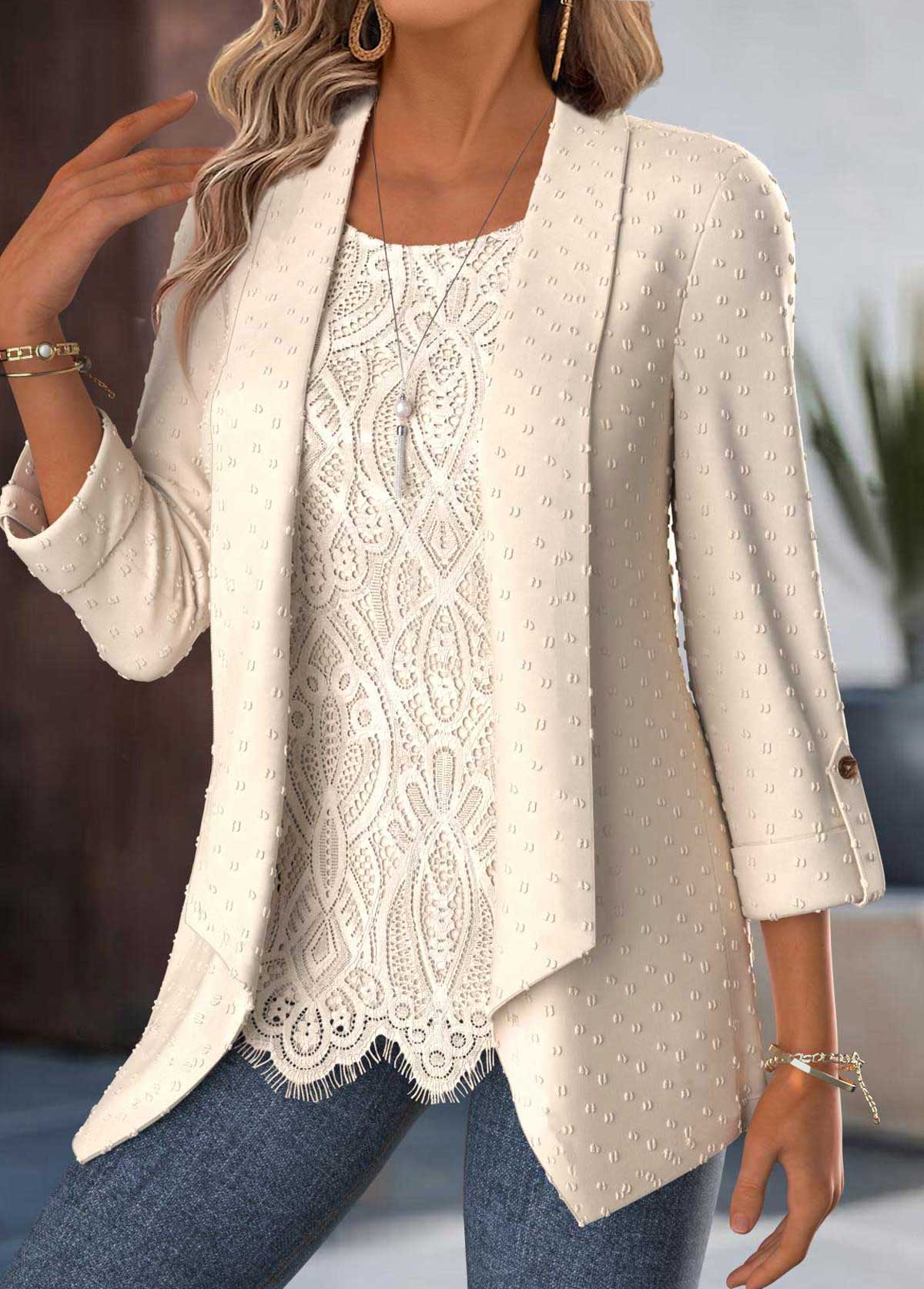 Tummy Coverage Beige 3/4 Sleeve Fake Two Piece Twinset