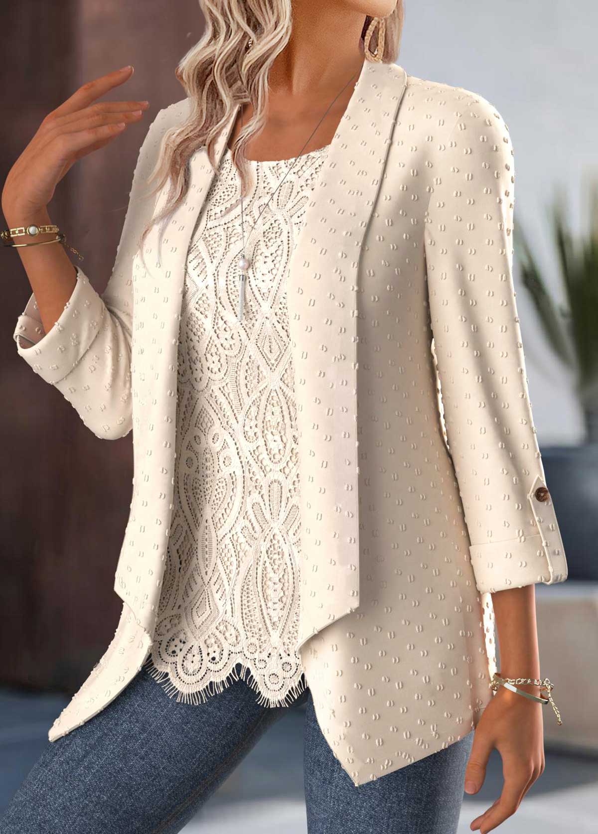 Tummy Coverage Beige 3/4 Sleeve Fake Two Piece Twinset