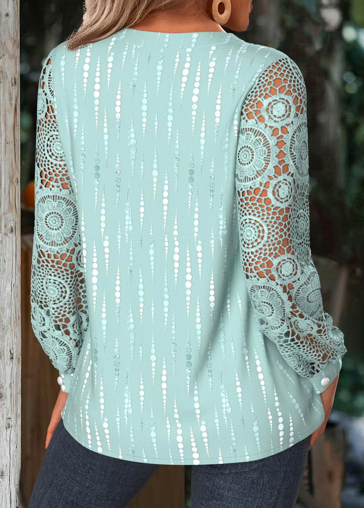 Geometric Print Tummy Coverage Mint Green Long Sleeve Shirt