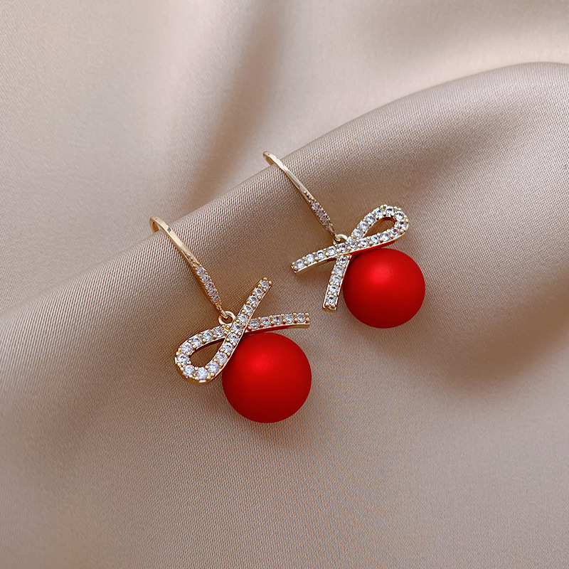 Red Bow Pearl Detail Rhinestone Earrings