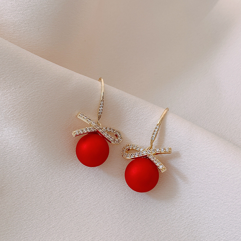 Red Bow Pearl Detail Rhinestone Earrings