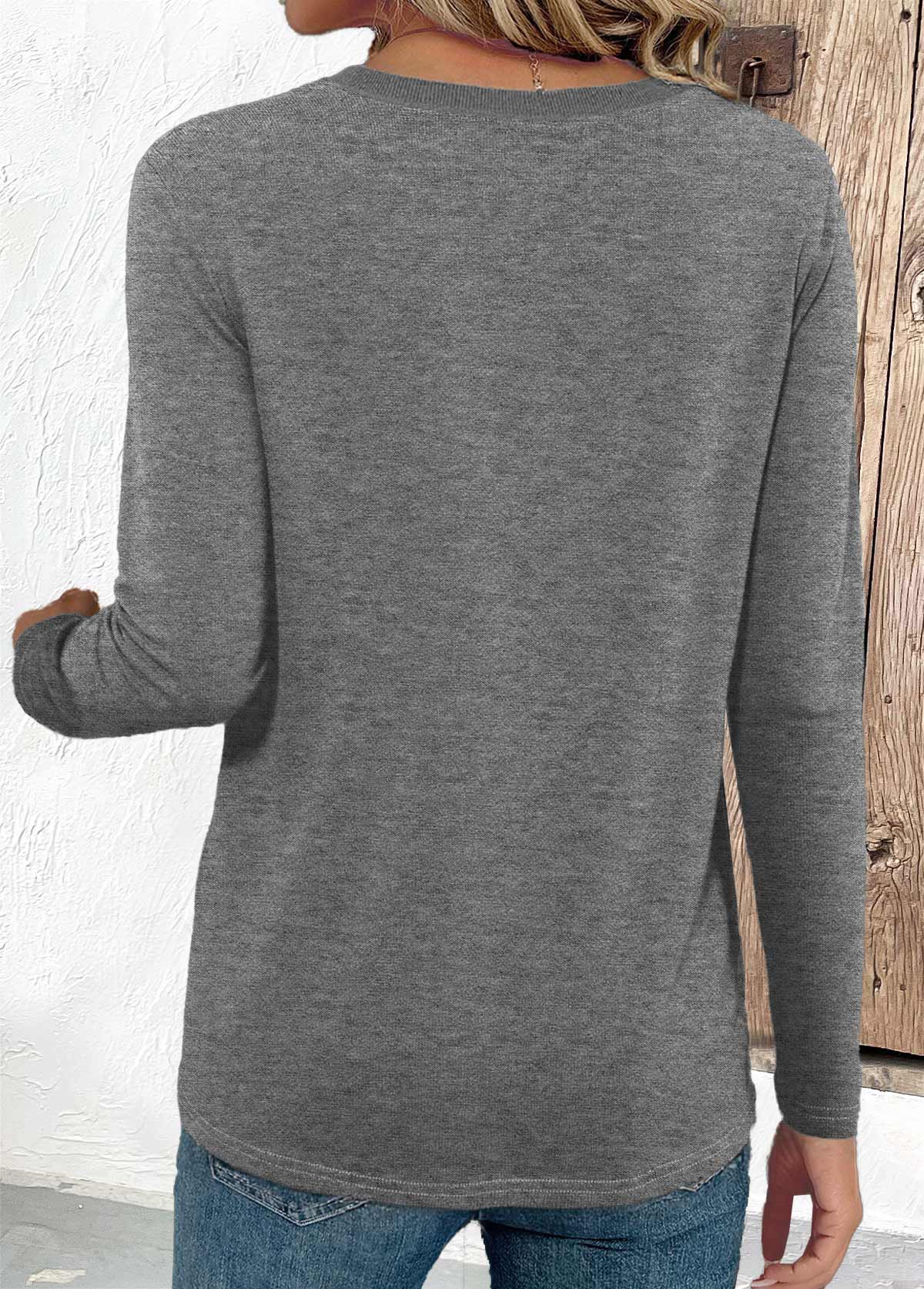 Button Grey Long Sleeve Round Neck T Shirt