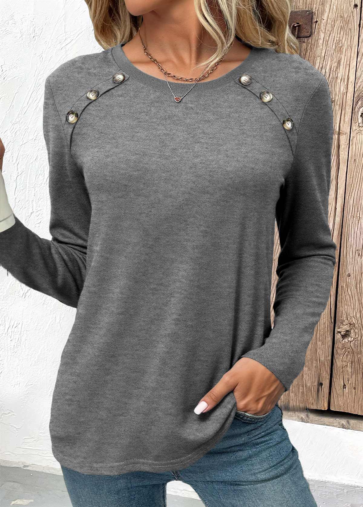 Button Grey Long Sleeve Round Neck T Shirt