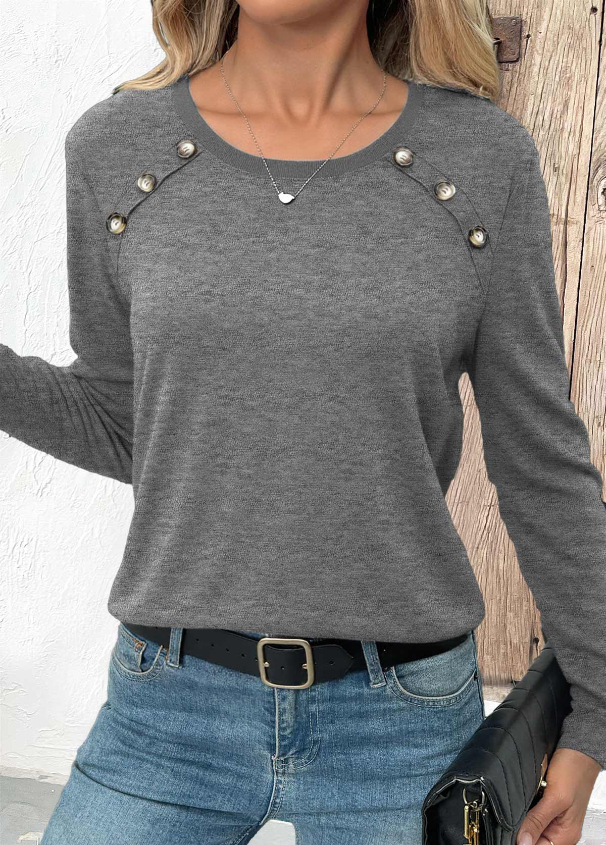 Button Grey Long Sleeve Round Neck T Shirt