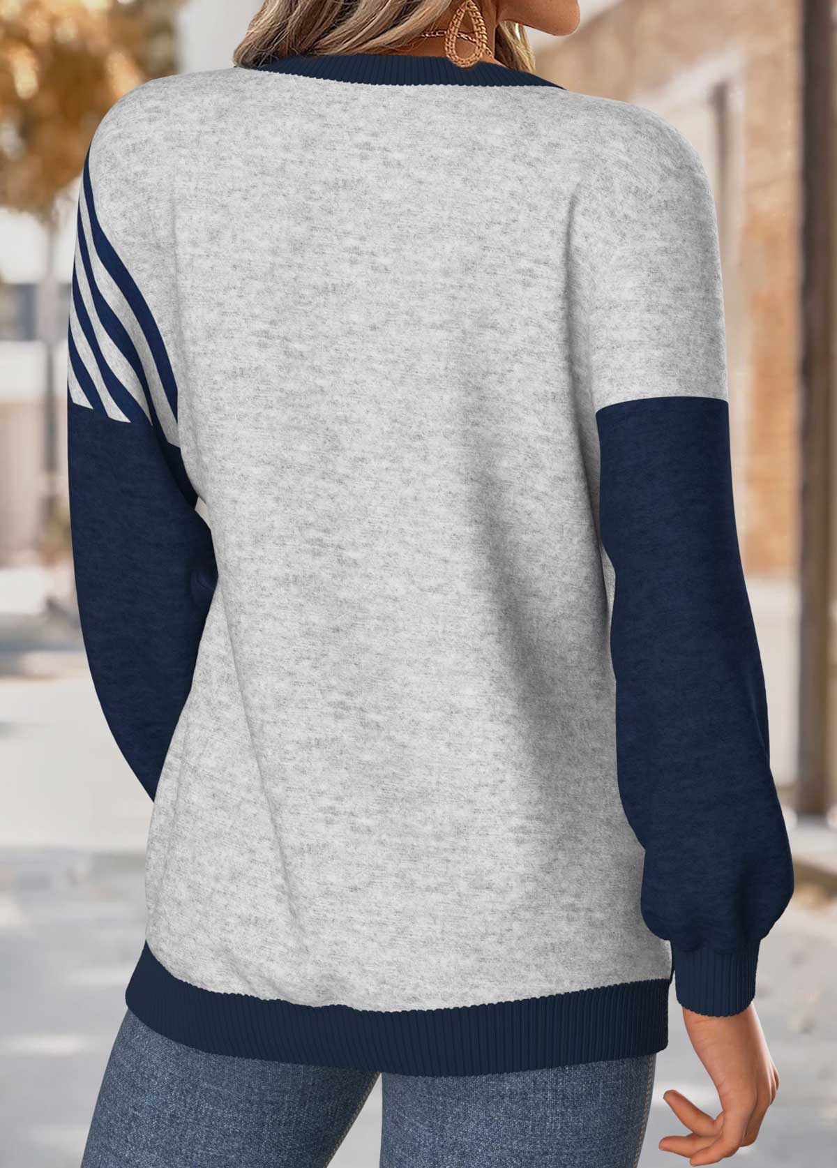 Striped Tummy Coverage Navy Long Sleeve Round Neck Sweatshirt