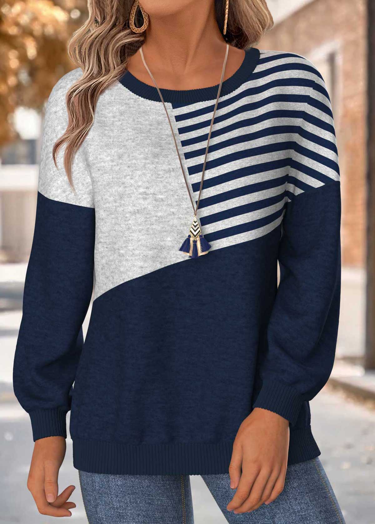 Striped Tummy Coverage Navy Long Sleeve Round Neck Sweatshirt