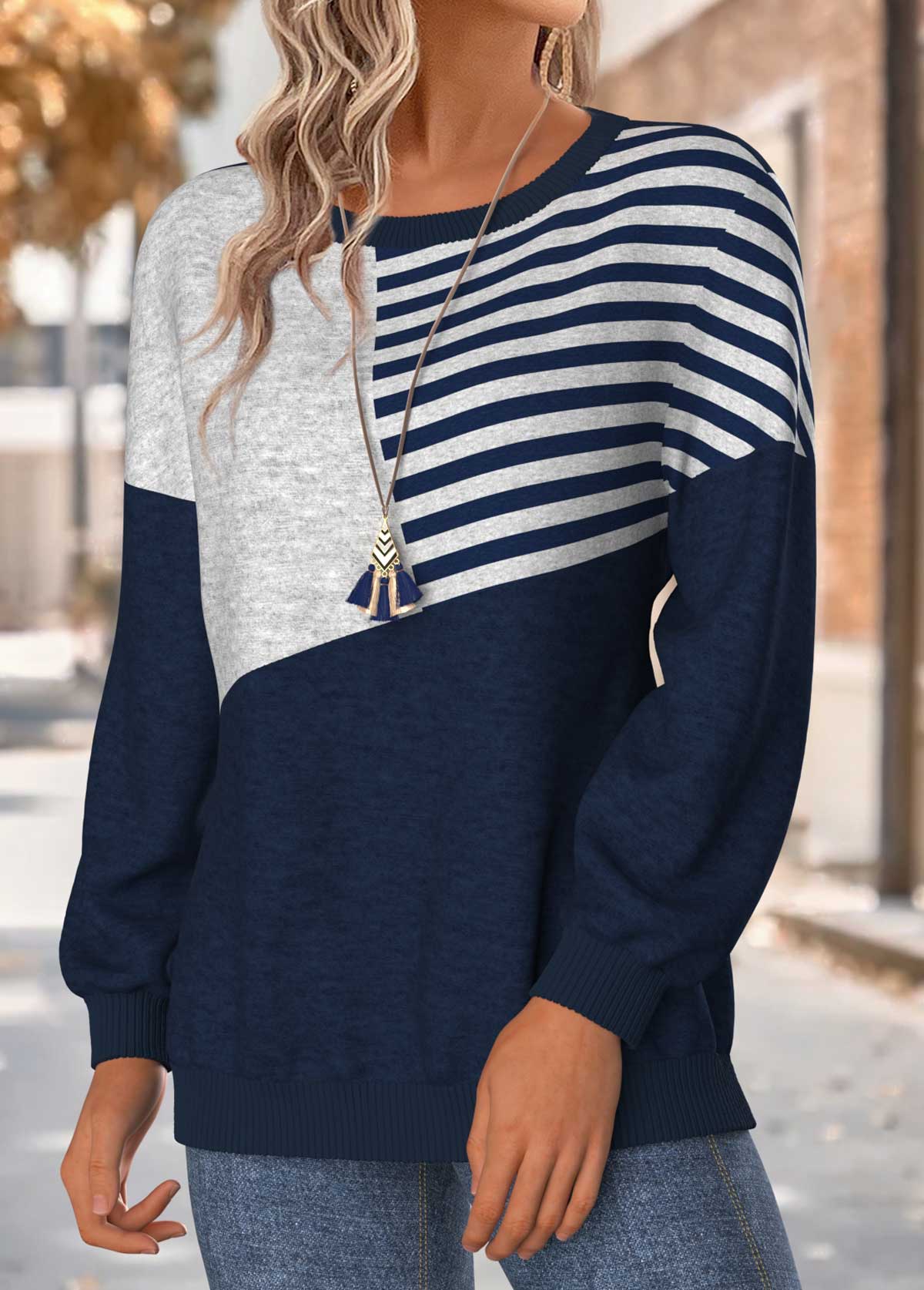 Striped Tummy Coverage Navy Long Sleeve Round Neck Sweatshirt