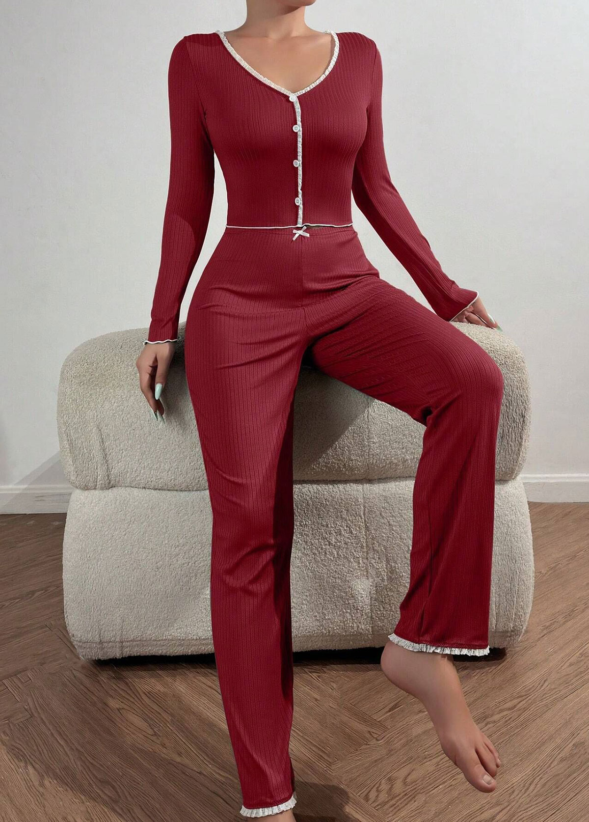 Wine Red V Neck Lounge Top and Pants