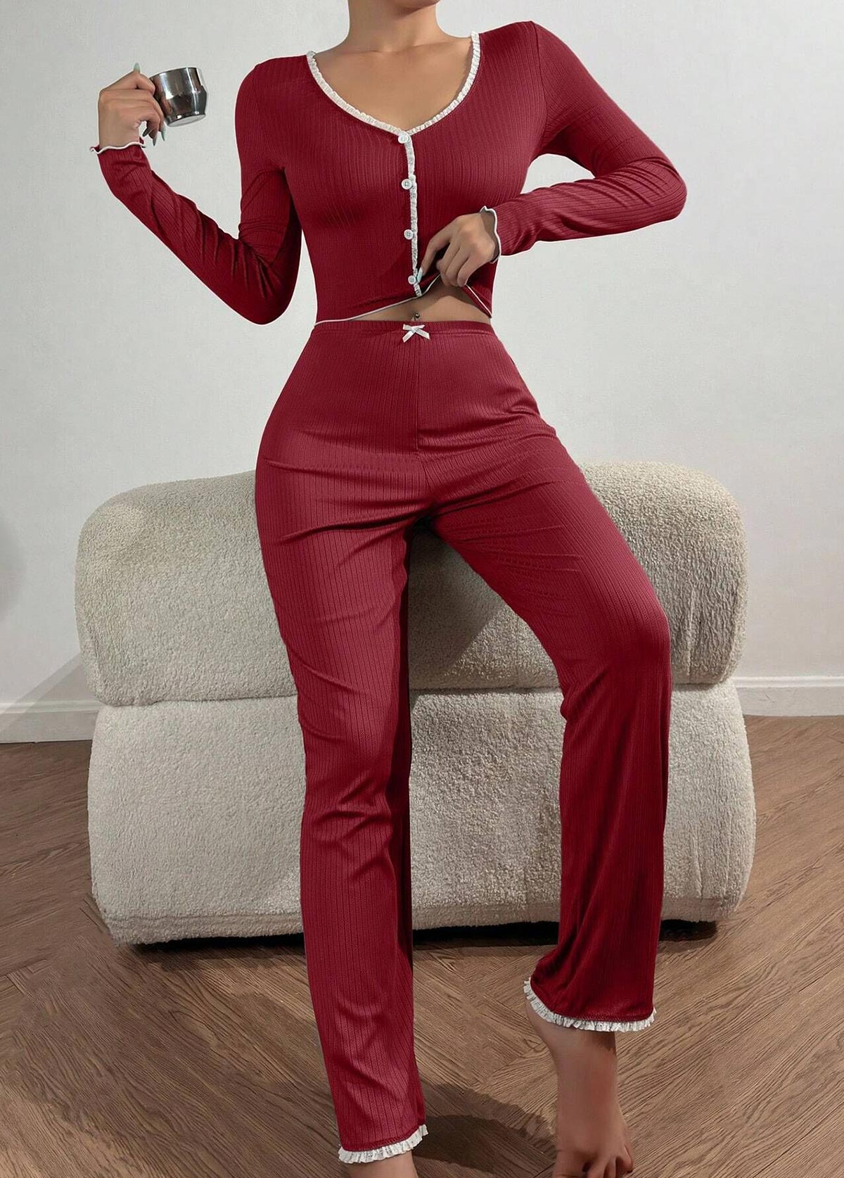 Wine Red V Neck Lounge Top and Pants