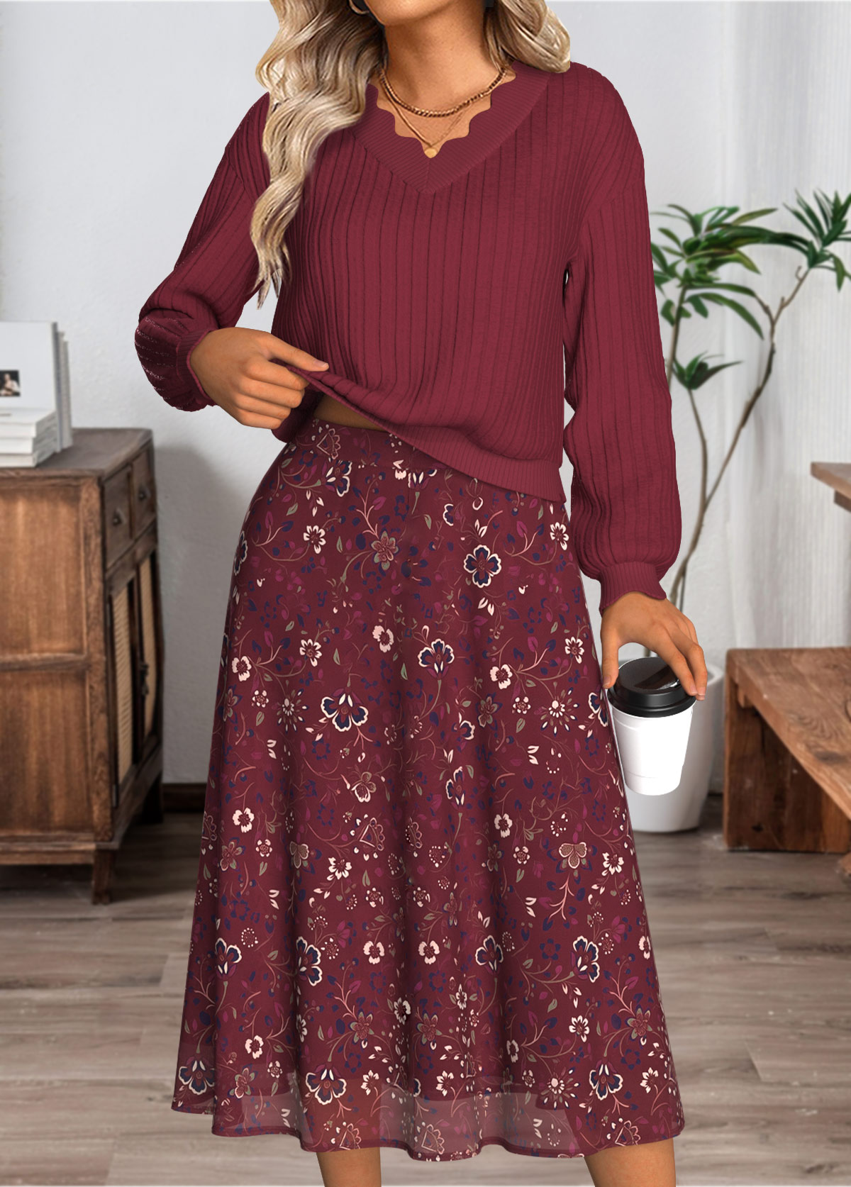 Ditsy Floral Print Tummy Coverage Top and Skirt